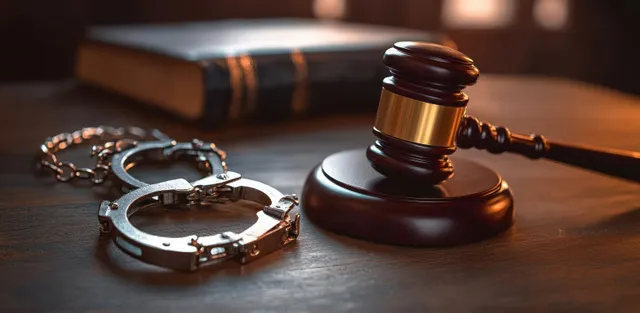 Handcuffs and gavel on courtroom table with brass details and warm blurred background
