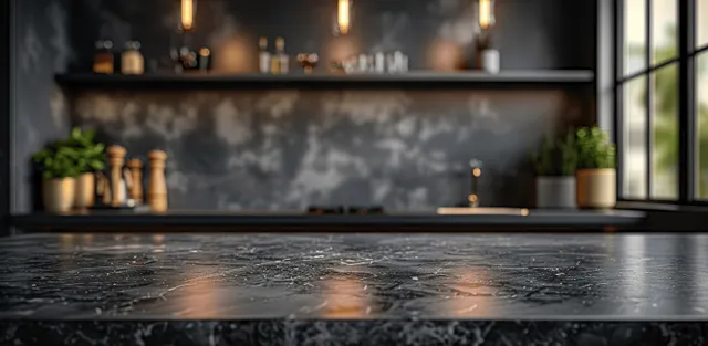 Dark marble kitchen countertop fills the foreground with blurred pendant lights, shelves, and a sunlit window behind.