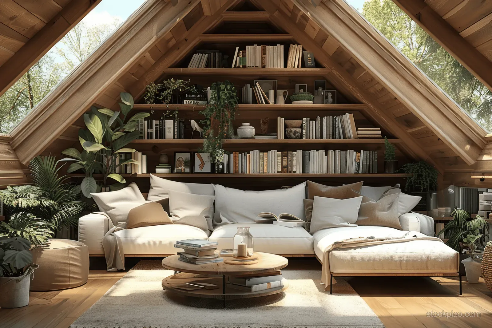 A white sofa sits in a Scandinavian attic lounge with skylights, wooden bookshelves, and indoor plants.