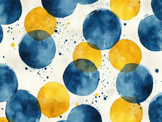 Pastel watercolor circles in navy and yellow scattered across a light speckled background.