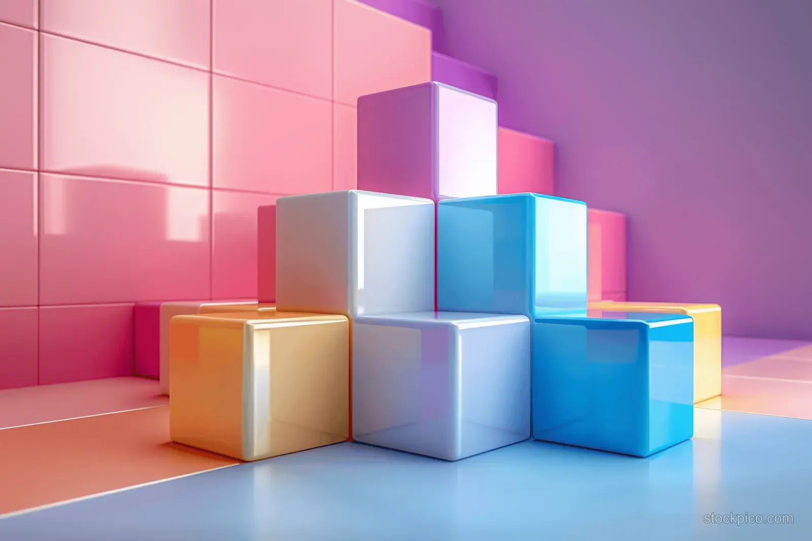 Pastel translucent cubes stacked in a geometric 3D render on a white tabletop with soft shadows.