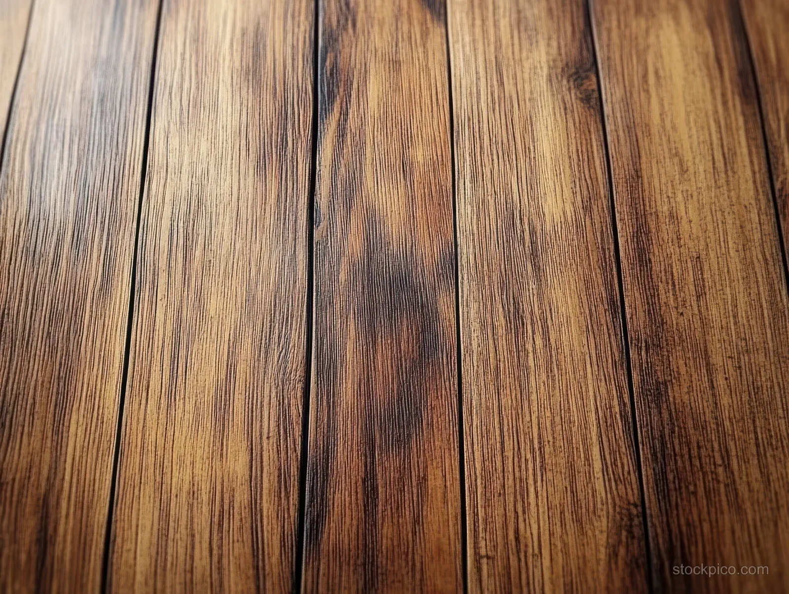 Close-up of warm brown wooden planks with detailed grain patterns and visible knots.