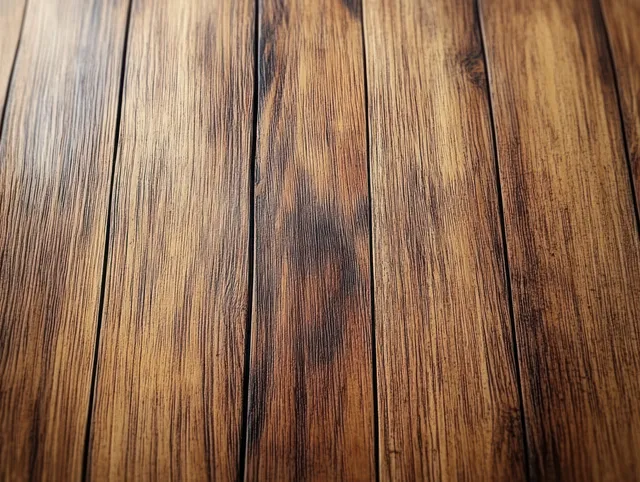 Close-up of warm brown wooden planks with detailed grain patterns and visible knots.