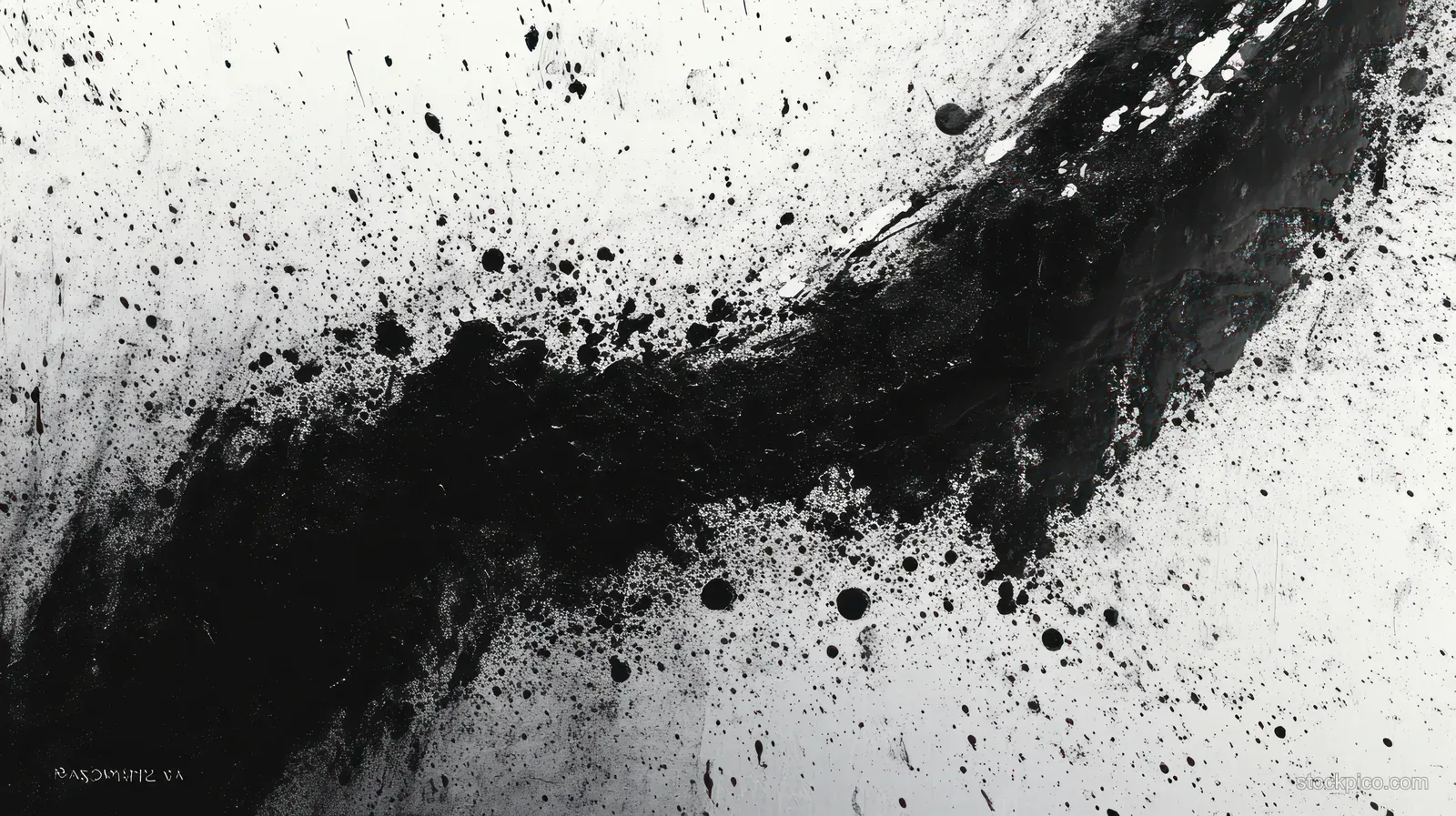 Black ink-like streaks and splatters spread over a gritty black-and-white concrete texture background.