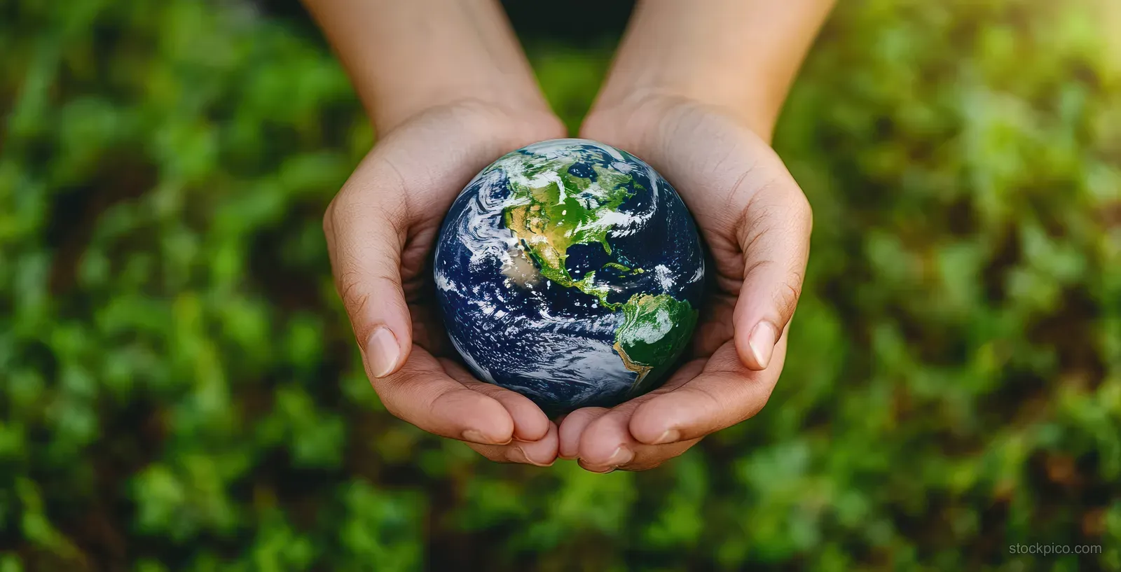 Hands cradle a small Earth globe over a lush green background, symbolizing environmental protection and sustainability.