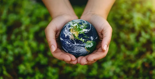 Hands cradle a small Earth globe over a lush green background, symbolizing environmental protection and sustainability.