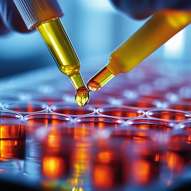 Two pipettes dispensing yellow liquid droplets into a multi-well plate with red solution
