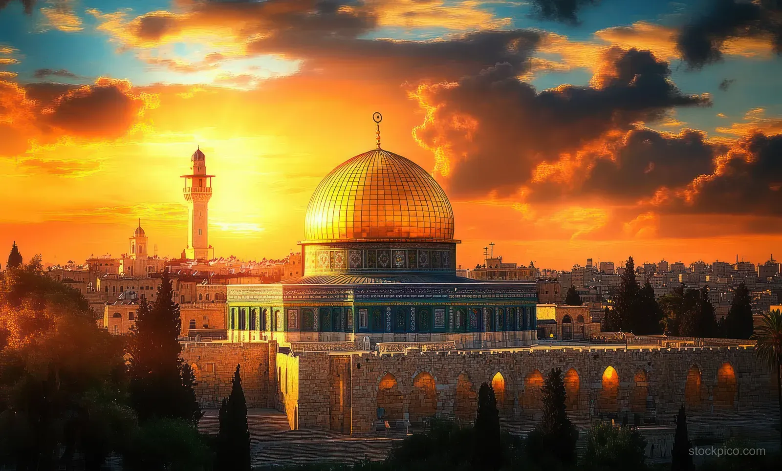 Golden dome and minarets of a historic religious building glowing under a vibrant sunset sky with dramatic clouds.