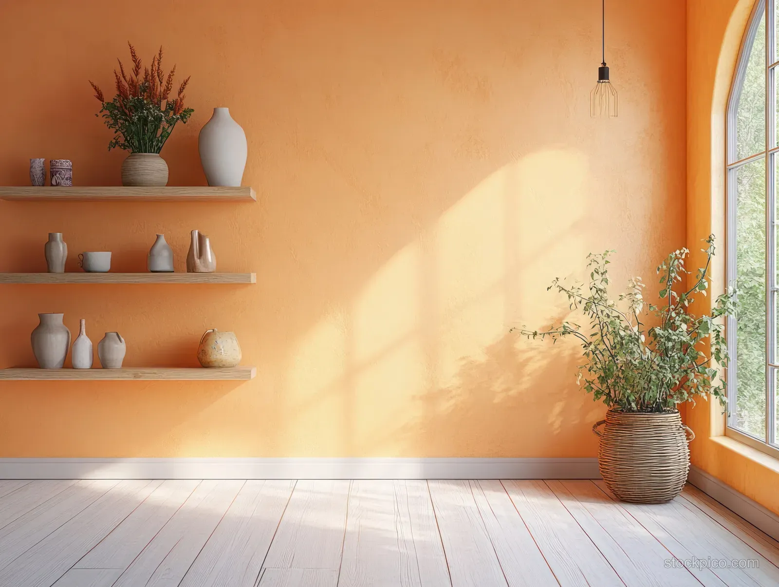 Sunlit living room corner with peach wall, wooden shelves with ceramics, and potted plant beside a curved window.