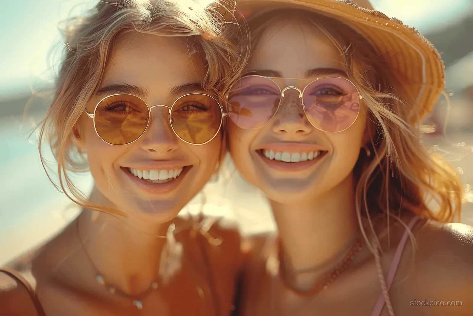 Two young women smile in sunglasses and straw hats at a sunlit beach.