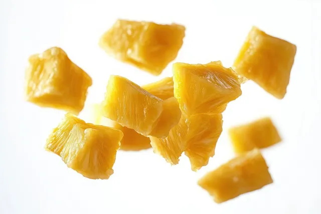 Pineapple chunks float on a bright white background, revealing vibrant yellow, juicy texture.