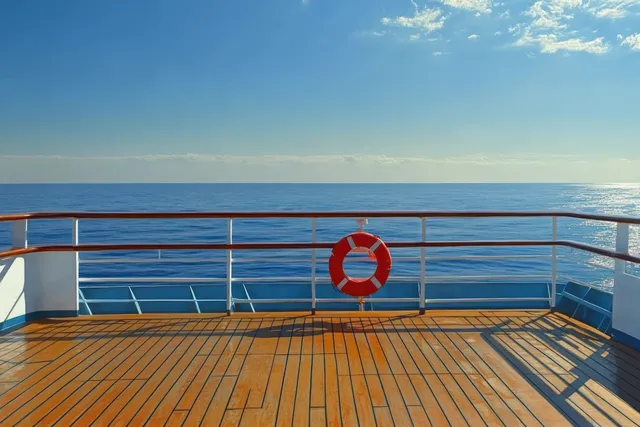 Red lifebuoy hangs from the ship’s railing above a wooden deck overlooking calm blue sea under partly cloudy sky.