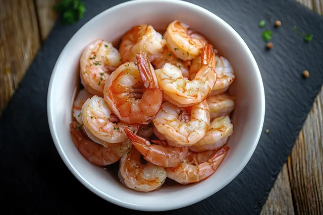 Cooked shrimp seasoned with herbs in a white bowl on a dark slate mat with a wooden background.