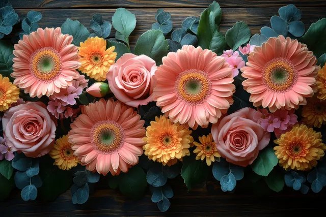 Rustic floral arrangement with pink and orange gerbera daisies and roses on wooden backdrop