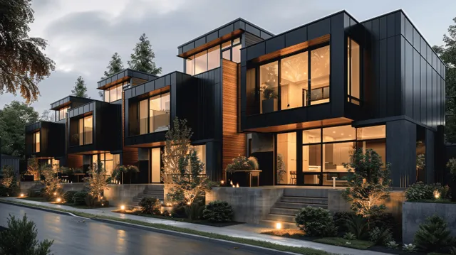 Contemporary black-panel townhouses with wooden trim and lit windows along a landscaped evening street.