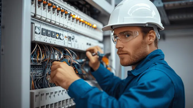 Electrician in a helmet connects and inspects cables inside an open electrical switchboard cabinet.
