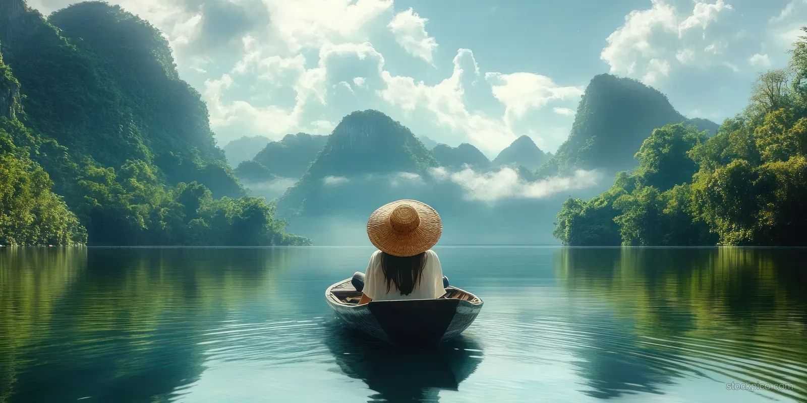 A woman in a straw hat sits in a small boat on calm lagoon water with forested mountains in the background.