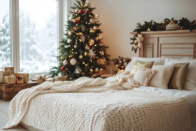 A Scandinavian bedroom with a decorated Christmas tree by the window and a made bed with a knitted blanket.