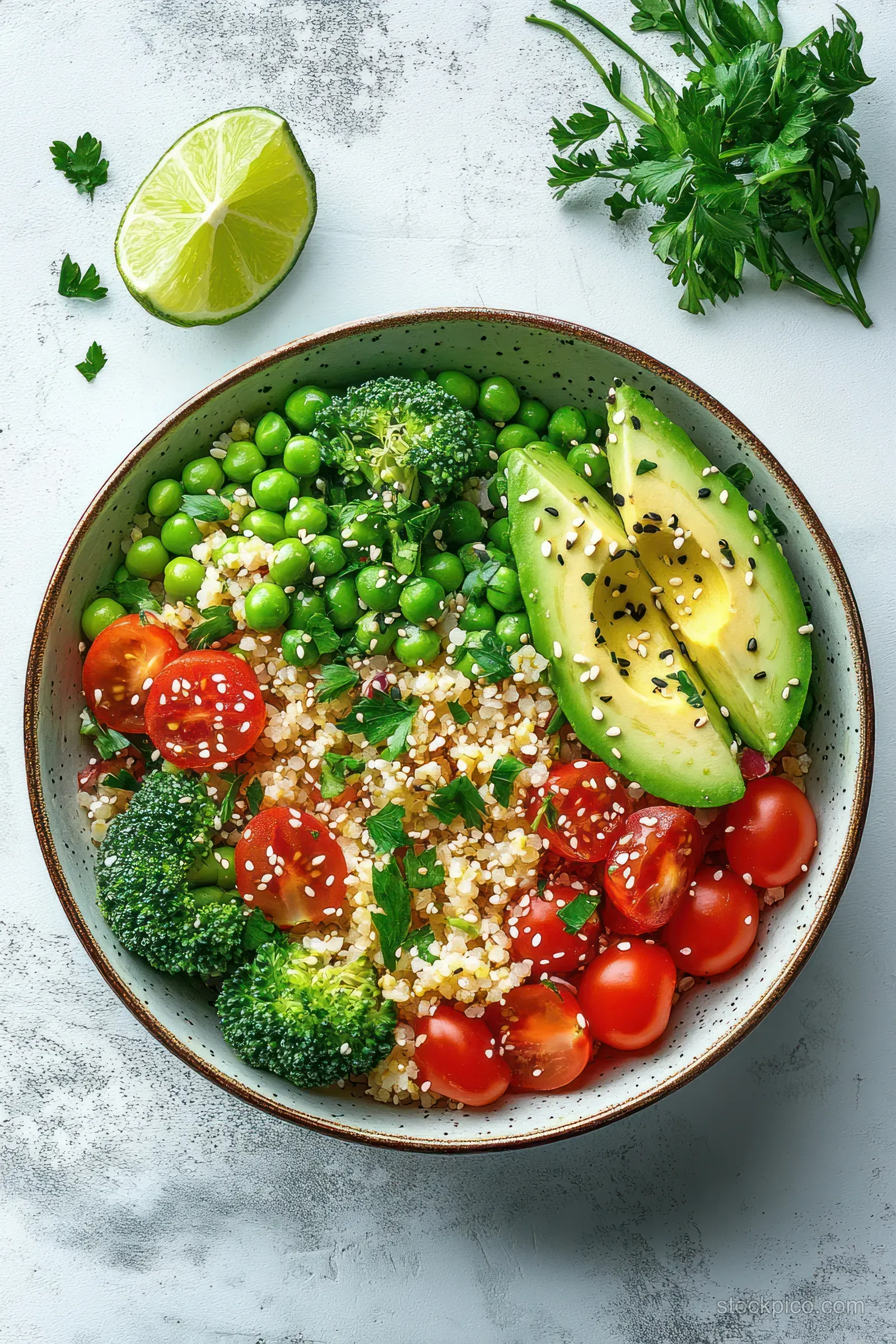 Quinoa salad bowl with peas, broccoli, cherry tomatoes, avocado slices, and lime and parsley garnish on a white background.