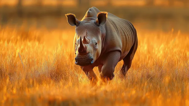 Young rhinoceros walking through golden tall grass under warm sunset light