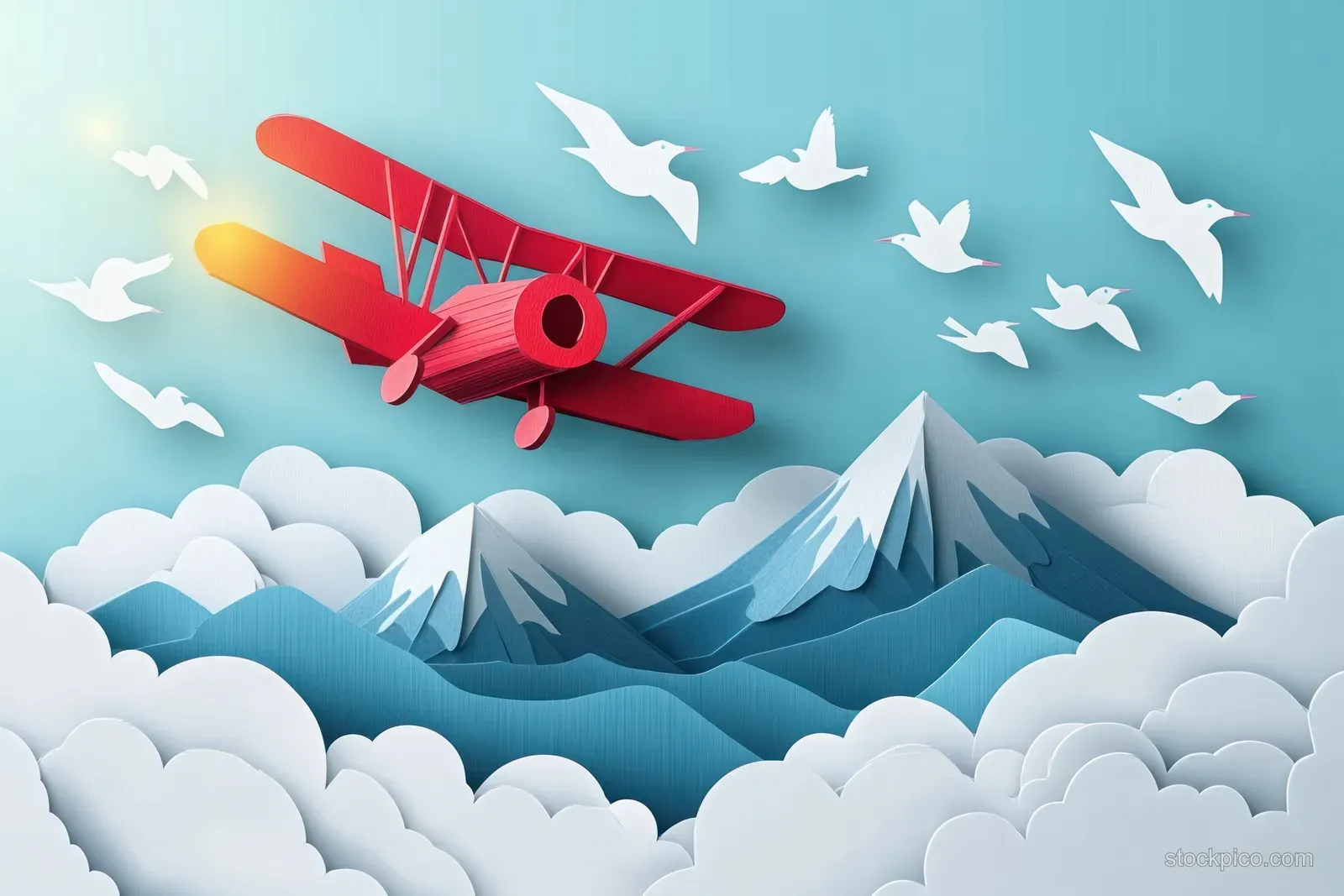 A red biplane flies above layered paper-cut clouds as birds glide across a blue sky.