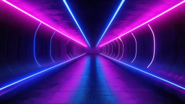 Abstract cyberpunk tunnel with glossy surfaces and vivid blue and pink neon lighting, creating a dramatic futuristic atmosphere.
