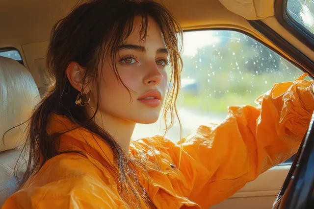 A nervous first-time woman driver grips the steering wheel inside a sunlit car while traveling on the highway.