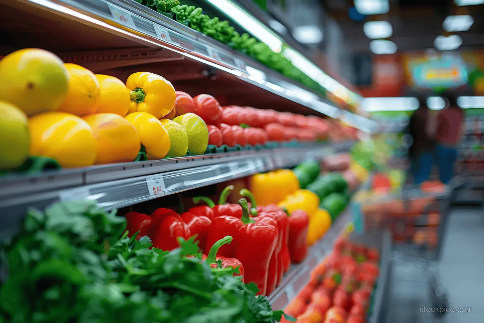 Close-up of a supermarket vegetable aisle with colorful bell peppers and leafy lettuce on store shelves.