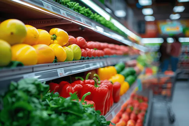 Close-up of a supermarket vegetable aisle with colorful bell peppers and leafy lettuce on store shelves.