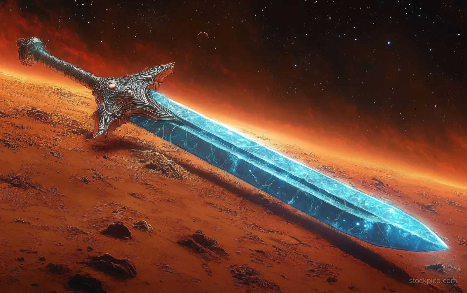 A blue glowing crystal sword juts from red alien rocks beneath stars and distant planets.