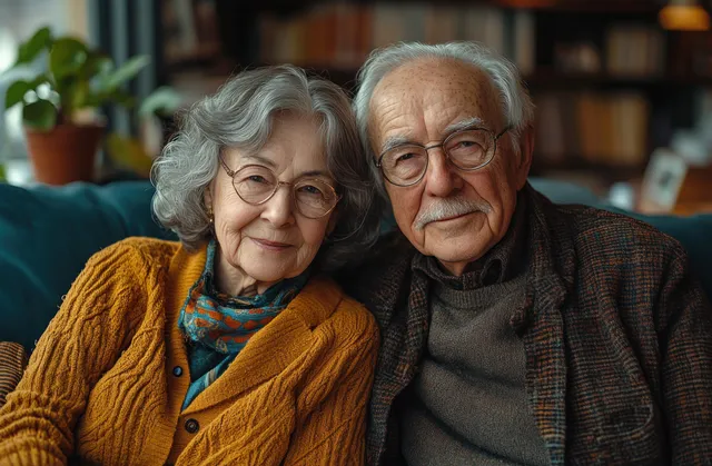 Elderly couple cuddles on sofa at home, warm window light and bookshelves behind