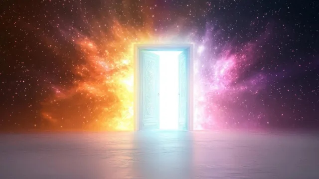An open door glows with blue light while colorful nebula rays spread across a starry space scene.