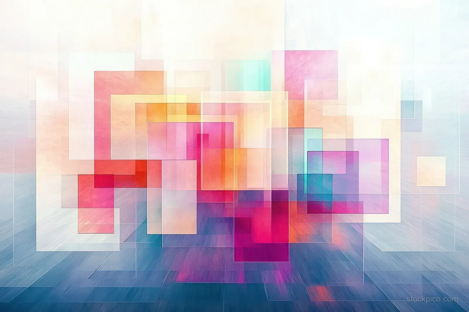 Pastel overlapping geometric squares float over a light gradient background with soft shadows.