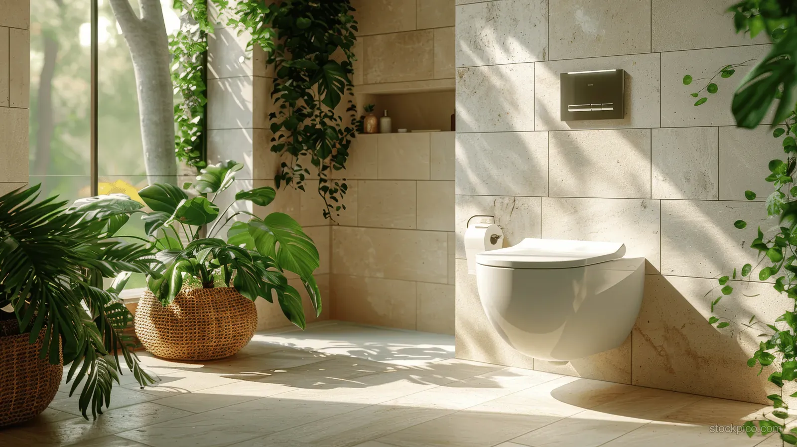A smart toilet with a touch control panel and air-purifier detail in a sunlit tiled bathroom beside plants.