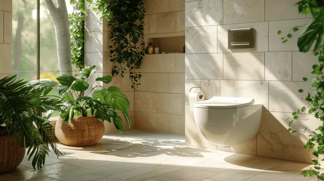 A smart toilet with a touch control panel and air-purifier detail in a sunlit tiled bathroom beside plants.