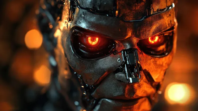 Futuristic metallic robot face with glowing red eyes and mechanical details against a blurred orange bokeh background.