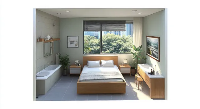Minimalist bedroom with platform bed, connected bathroom vanity, and a large window streaming daylight.