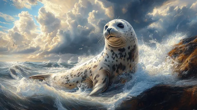 Spotted seal resting on rocks by rough ocean waves with golden sunlight and storm clouds overhead.