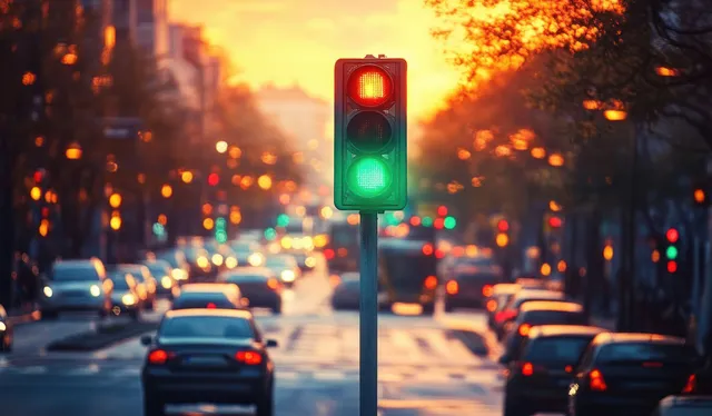Green traffic light glowing above blurred cars during sunset on a busy city street