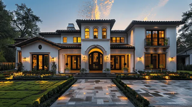 Spanish colonial home facade at dusk with warm lights, arched door, and a stone walkway leading through trimmed garden.