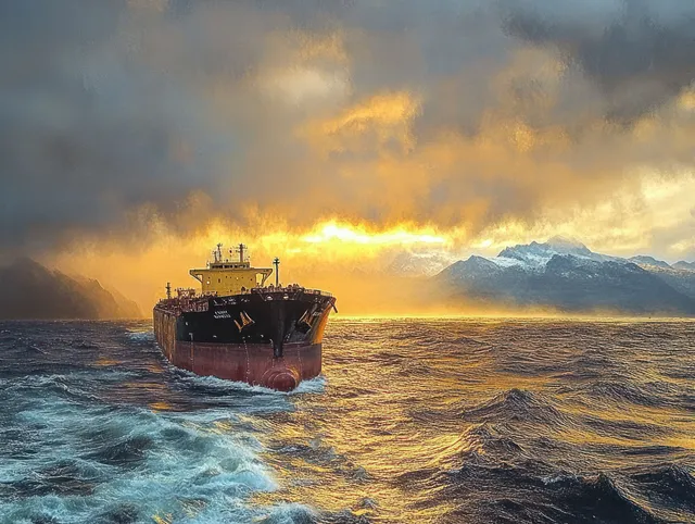 A large cargo ship sails through choppy ocean waves at sunset with dramatic clouds and snow-capped mountains in the distance.