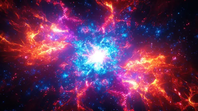 A glowing blue starburst illuminates swirling red and blue nebula clouds across deep space.