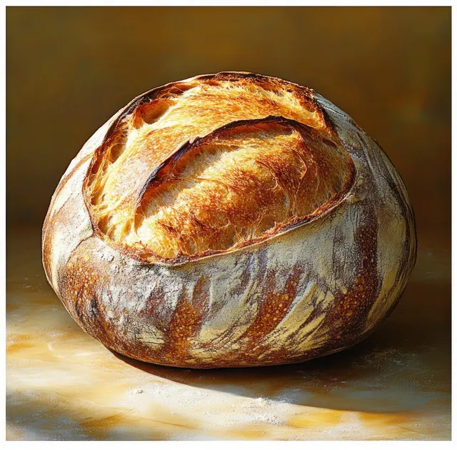 A round rustic loaf of golden crusty bread with textured surface sits on a wooden board under warm light.