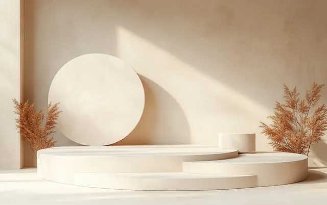 Pastel beige 3D podium display with geometric spheres under soft ambient light