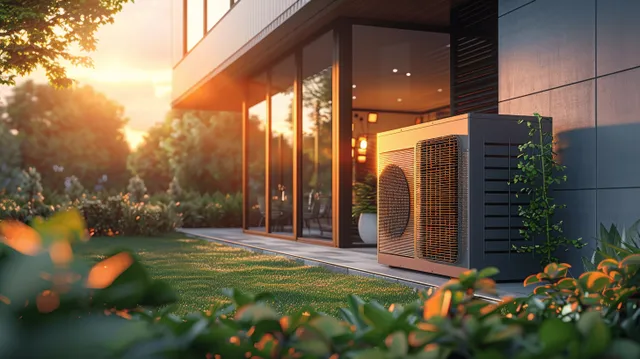 Air-source heat pump unit sits outdoors beside a modern home with large windows and garden greenery at sunset.