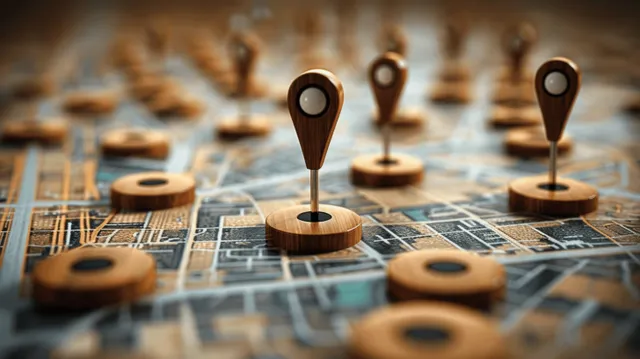 A 3D city map is covered with clustered geofencing pins on street grids, emphasizing GPS targeting.