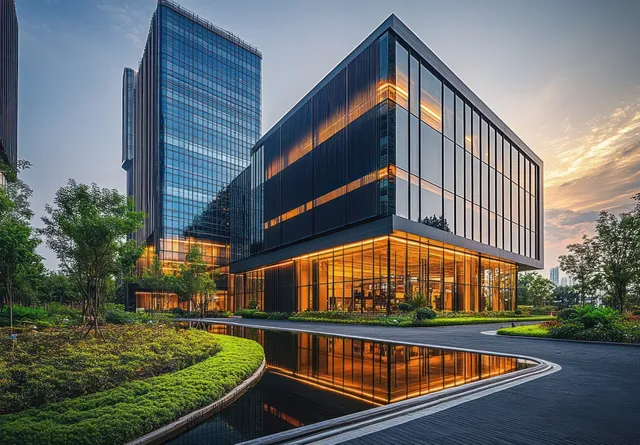 Sunset glass office buildings reflect on a calm courtyard water feature surrounded by greenery.