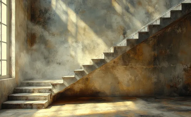 An indoor staircase renovation scene with rough plaster walls, dusty air, and soft daylight casting long shadows.