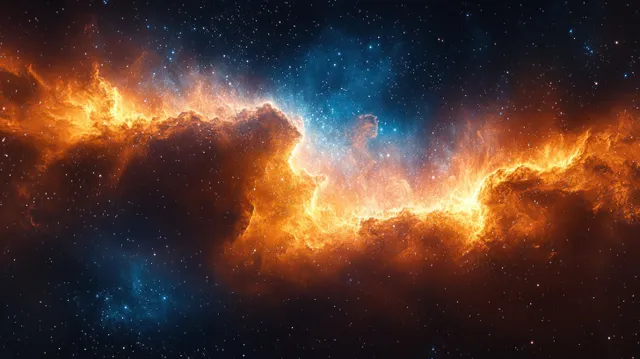 Fiery orange and blue nebula clouds glow across a star-filled deep space background.