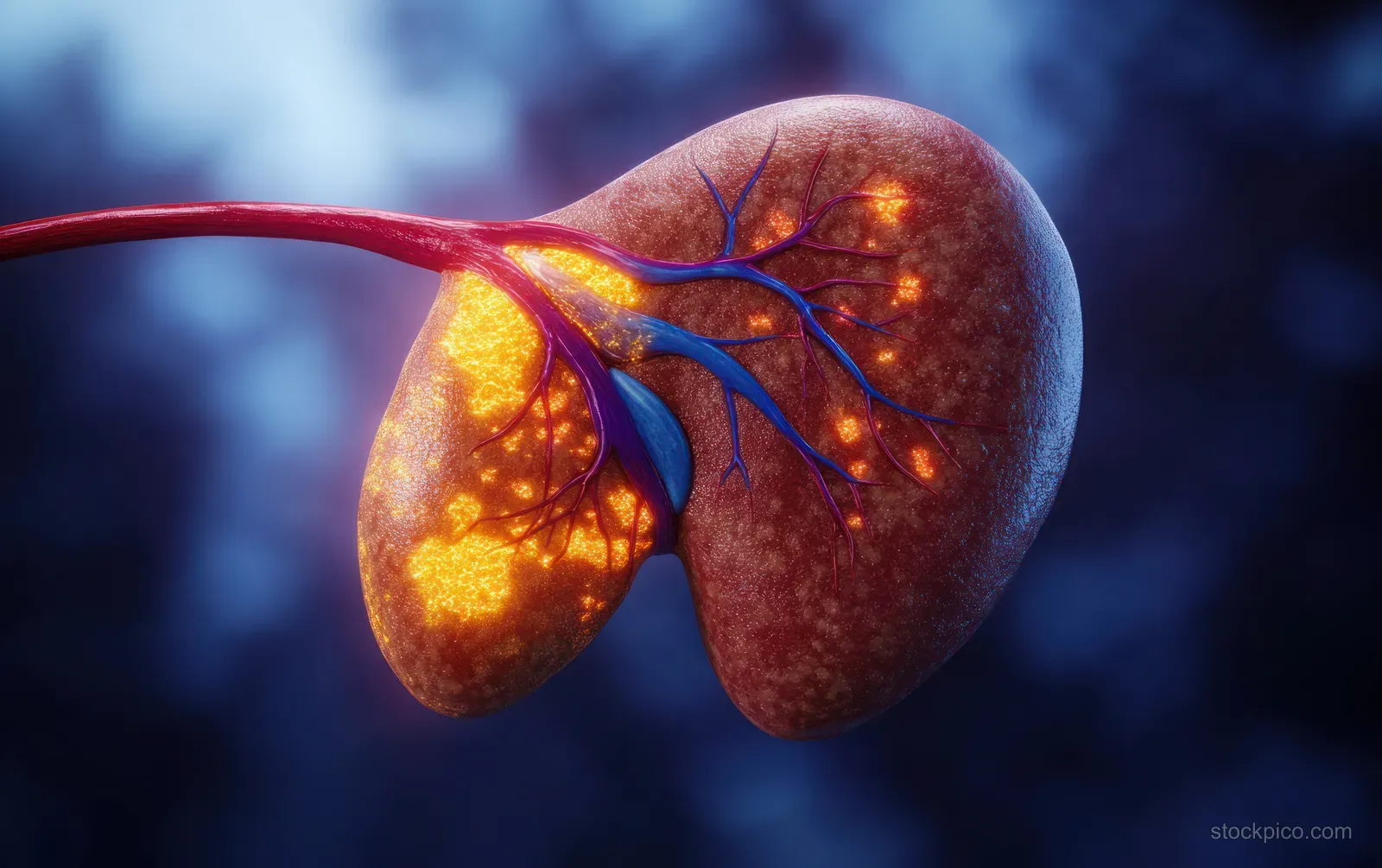A glowing 3D liver model with fatty spots and highlighted blood vessels floating over a dark blurred background.